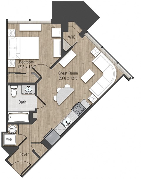 Floor plan for 1 bed, 1 bath, 630 sqft